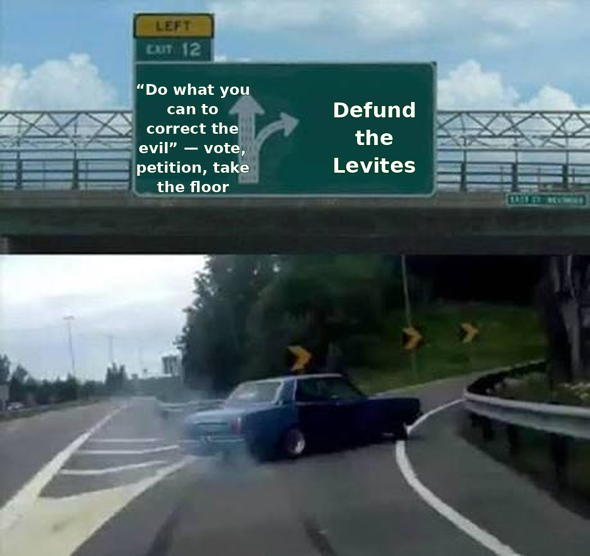 Meme: highway sign — straight ahead reads do what you can to correct the evil: vote, petition, take the floor; a car swerves onto the exit labeled defund the Levites