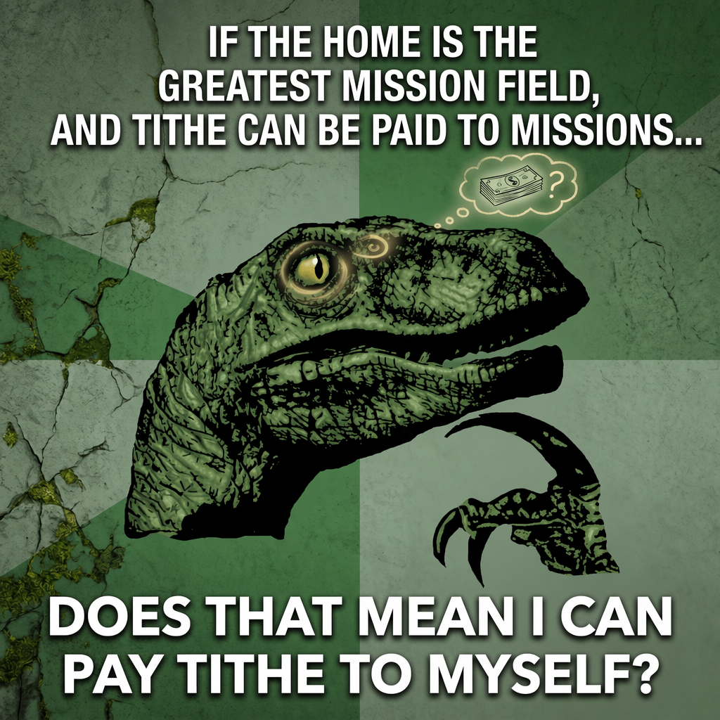 Meme: a pondering raptor asks — if the home is the greatest mission field, and tithe can be paid to missions, does that mean I can pay tithe to myself?